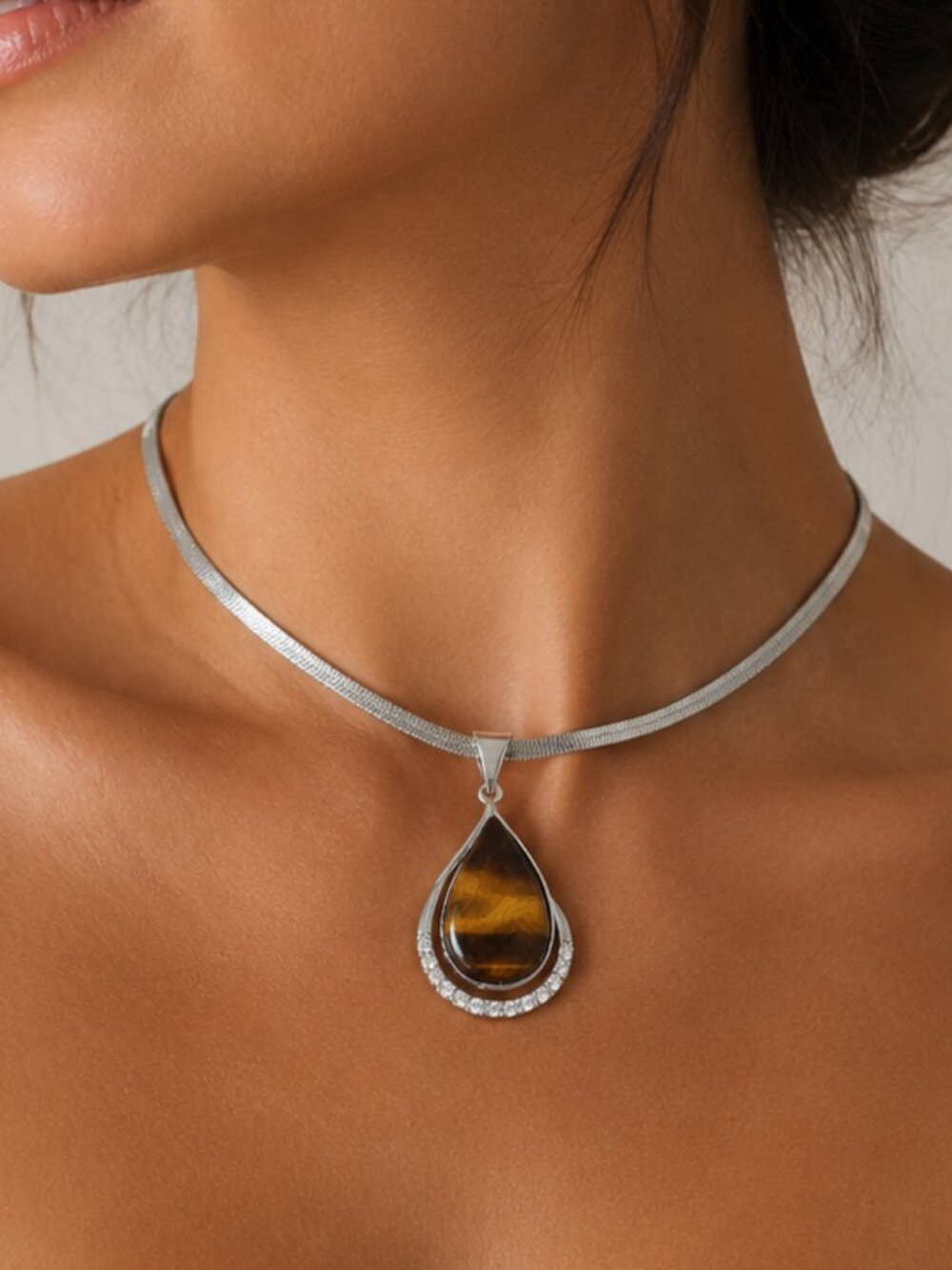 Genuine Tiger Eye Teardrop Pendant Necklace Crystal Halo Silver Tone